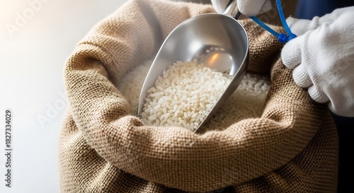 Scooping Rice from a Burlap Sack with a Ladle.