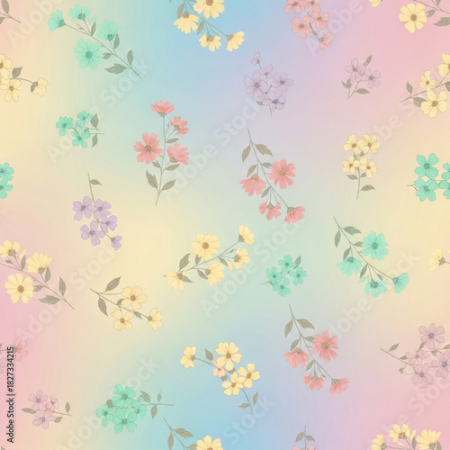 Simple, scattered seamless pattern of stylized, delicate flowers on stems, set against a soft, blended gradient background of pastel rainbow colors (pink, yellow, blue, lavender).