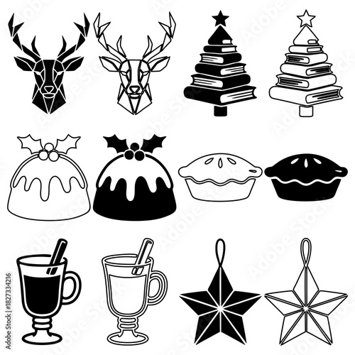 Christmas and Winter Holiday Icon Set. Collection of minimalist vector illustrations featuring geometric reindeer, book tree, Christmas pudding, pie, mulled wine, and star ornaments in silhouette and 