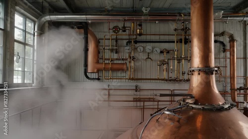 A large copper mash tun is seen with steam rising and bubbles forming as the temperature gradually increases. The distillation room features brass valves and gauges, adding to the atmosphere