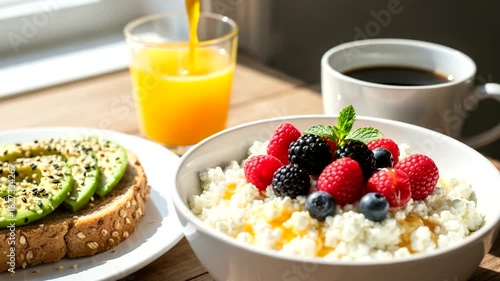 Wallpaper Mural Healthy and Vibrant Breakfast Still Life: Cottage Cheese with Berries, Avocado Toast and Orange Torontodigital.ca