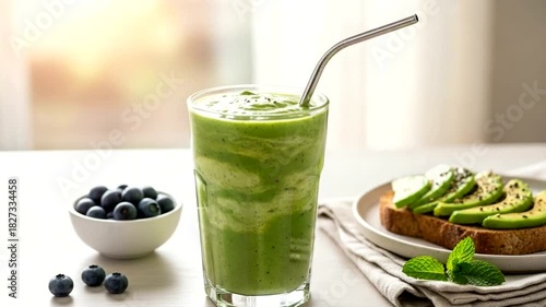 Wallpaper Mural Healthy Green Smoothie with Avocado Toast and Blueberries for Vibrant Living Delight Torontodigital.ca