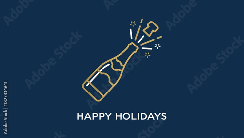 Golden Line Art Champagne Bottle Popping Festive Holiday Celebration