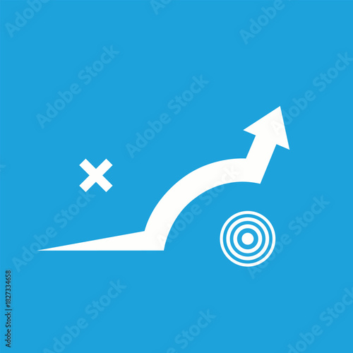 Strategic path with an arrow overcoming an obstacle to reach a target on a blue background