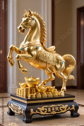 Golden Rearing Horse Feng Shui Statue on Wealth Base, luxury home decor style