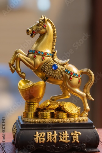 Golden Rearing Horse Feng Shui Statue on Wealth Base, luxury home decor style