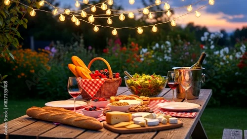 Wallpaper Mural Inviting outdoor picnic scene with gourmet food wine and charming string lights atmosphere Torontodigital.ca