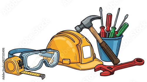 Colorful Construction Safety Gear Line Art – Black Outline Helmet Goggles Tools Illustration
