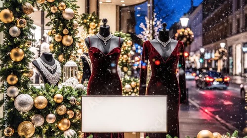 Elegant mannequins showcasing festive dresses and jewelry in a beautifully decorated shop window on a snowy city street during the winter holiday season