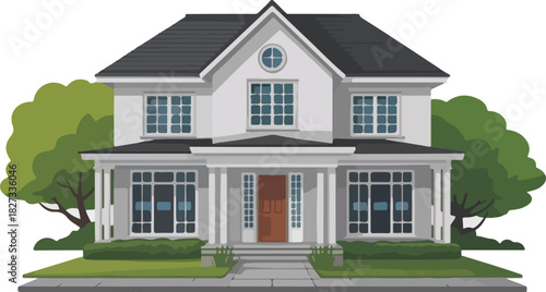 A clean, modern house front view with a minimalist design. This isolated object is presented on a transparent background for easy integration.