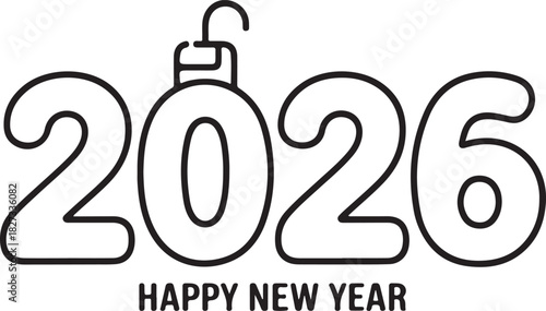 A clean, minimal outline design celebrating Happy New Year 2026. Features the year prominently on a transparent background.