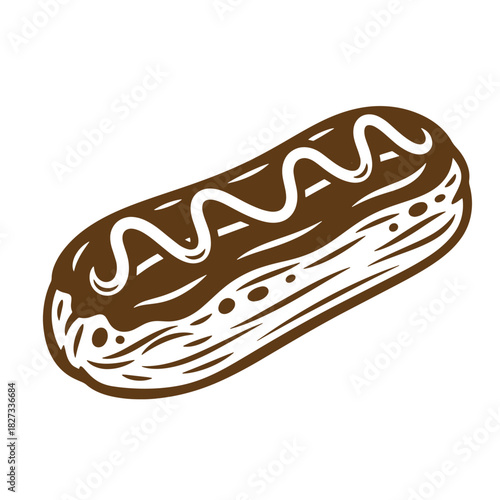 Delicious brown eclair dessert illustration decorated with whipped cream sketch vintage style