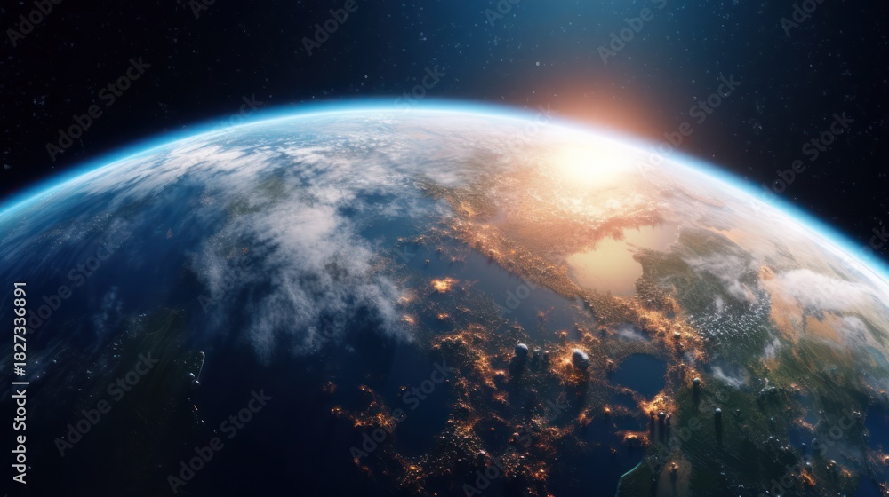 Obraz premium Sunrise Over Earth From Space With City Lights Visible.