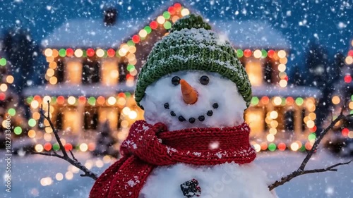 A cheerful snowman in a vibrant red scarf and green hat smiles as gentle snow falls, with a beautifully decorated house glowing warmly with festive lights in the serene winter evening