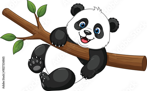 Adorable Happy Giant Panda Cub Cartoon Character Smiling Relaxing on a Wooden Tree Branch with Green Leaves Vector Illustration Isolated on White Background Comma