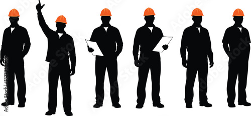 Construction workers silhouettes team wearing hardhats and uniform posing in various actions industrial engineering safety regulations building site project management planning communication 
