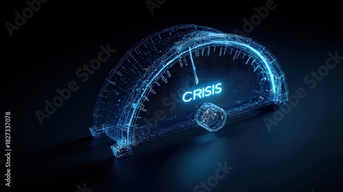 A digital gauge, illuminated in electric blue, points to CRISIS, symbolizing the critical state of an issue or situation. ..Created with Generative AI, not depicting real subjects.