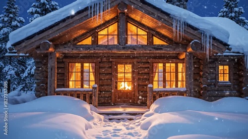 Cozy wooden cabin with glowing windows and snow covered roof surrounded by pine trees snowy winter forest creating warm Christmas background dark blue sky with falling snowflakes christmas background