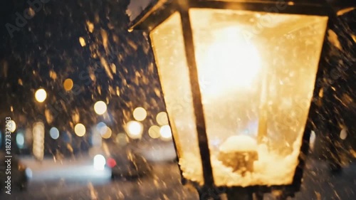 Warm glow of an old-fashioned street lamp piercing through a beautiful winter snowfall, creating a serene and enchanting night scene in the city