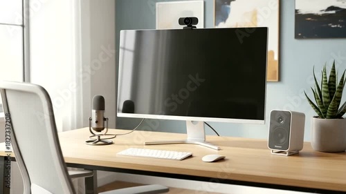 Wallpaper Mural Modern Home Office Setup with Computer and Accessories for Online Meetings and Education Torontodigital.ca