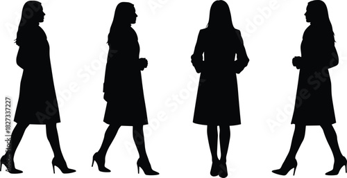 Elegant Professional Businesswoman Silhouette Walking Full Body View Set Female Model Wearing Long Coat Heels Isolated White Background Side Front Profile Poses Digital Vector Graphic Stock Image.