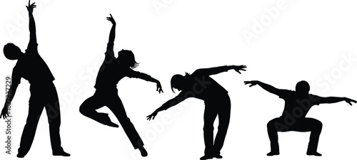 Dynamic black silhouettes of young people dancing, exercising, or performing expressive artistic movements, capturing energy, freedom, and creativity on a clean