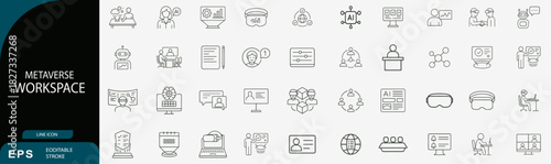 metaverse virtual workspace business line icon set vector illustration