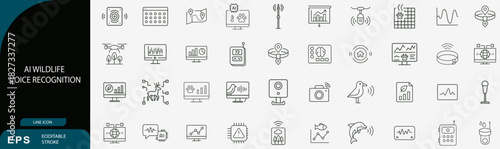 AI wildlife voice recognition line icons set, bioacoustics vector