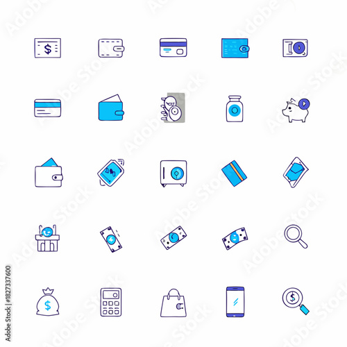 Collection of hand drawn finance and money icons in a doodle style