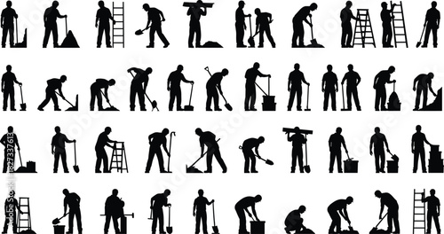 Manual Laborers and Construction Workers Silhouettes: A Diverse Collection of Builders, Diggers, and Tradesmen Using Shovels, Ladders, and Tools for Industrial, Repair, 