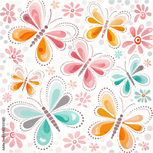 Whimsical butterflies and flowers pattern with soft colors