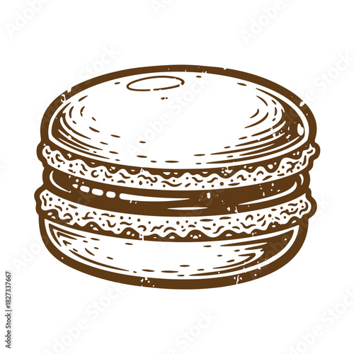 Detailed sketch of a delicious brown macaron dessert with vintage style and aesthetic appeal