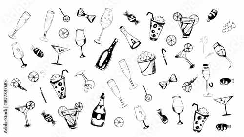 Collection of hand drawn party drinks and treats in black and white sketch style
