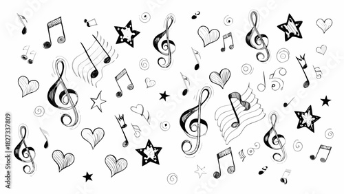 Hand drawn musical notes hearts and stars pattern background