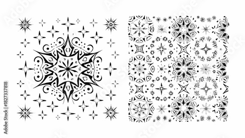 Black and white abstract starburst and mandala designs