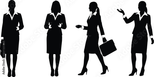 Professional business women silhouettes, corporate female executives standing, walking, and presenting, depicting success, leadership, and diverse careers in a modern workplace environment.