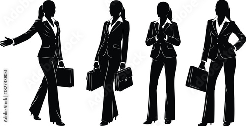 Professional Businesswoman Silhouette Vector Set, Corporate Success, Executive Confidence, Women Leadership, Office Wear Attire, Female Authority, Power Pose, Briefcase, Blue Outline.