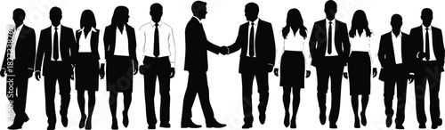 Professional business people silhouettes walking, standing, and shaking hands in a long horizontal line representing teamwork, success, corporate partnership, agreement, diversity,