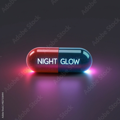 A glowing capsule with the words night glow on it sits on a dark surface with a red and blue glow