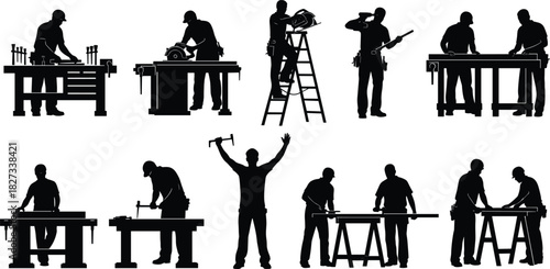 Silhouettes of Skilled Carpenters and Woodworkers Engaged in Construction and Craftsmanship, Utilizing Power and Hand Tools on Various Workbenches and Ladders,