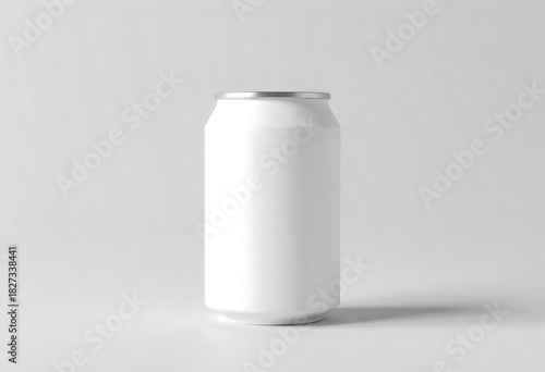 A clean, minimal mockup of a blank aluminum drink can on a light background, showcasing realistic metallic detail, sharp lighting, and ideal presentation for beverage branding and product design.