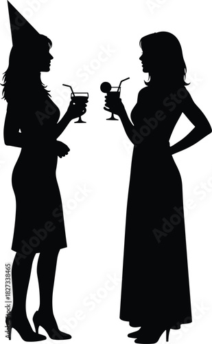 Two silhouetted elegant women standing, laughing, and cheerfully enjoying cocktails at a vibrant celebratory party, wearing stylish dresses and high heels, one with a festive party hat,