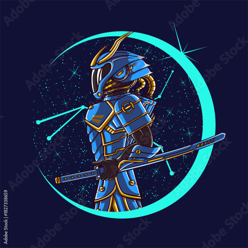 illustration of future space samurai with stars and moon. this art have blue, cyan, and yellow colors. this artwork can print on t-shirt and sticker