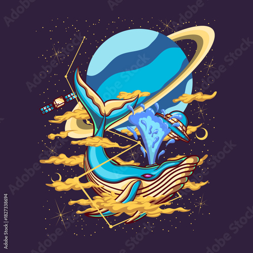 illustration of space whale swimming on space with UFO and satellite around planet and stars. this artwork have yellow, cyan and blue colors. this art can print on t-shirt and sticker