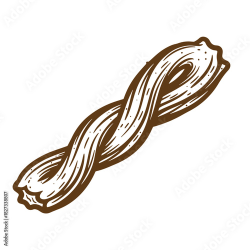 Hand drawn illustration of a delicious vintage churro pastry in a beautiful brown color.