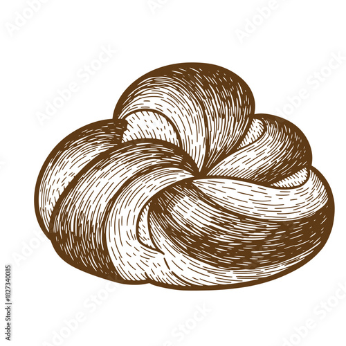 Hand drawn sketch style illustration of a brown swirl bun bread isolated on white background