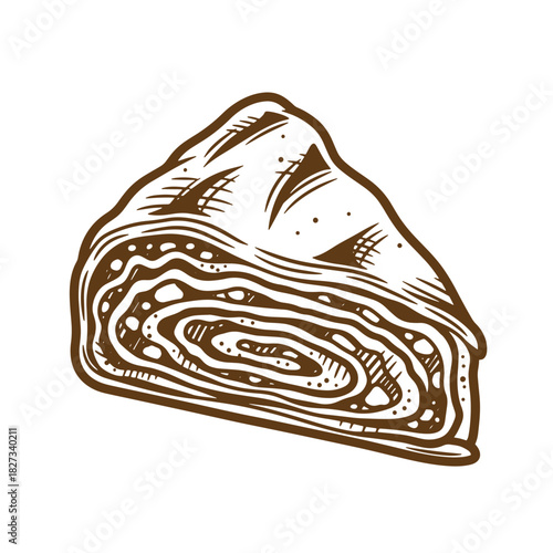 Hand drawn sketch vintage illustration of a delicious slice of strudel pastry dessert