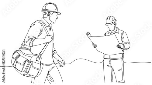 Continuous Line Construction Worker Art – Minimal Outline Figures with Backpack and Blueprint
