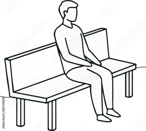Simple line illustration of person sitting alone on a park bench waiting isolated on white background