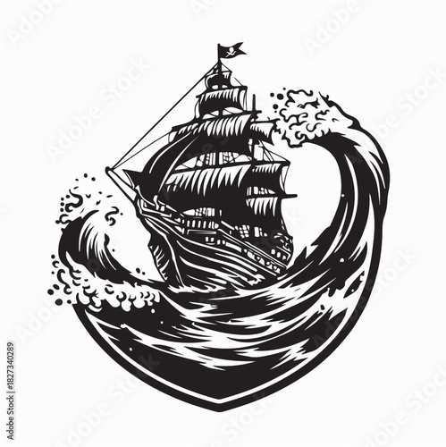 Black Silhouette Pirate Ship On Waves Stock Vector on White Background
